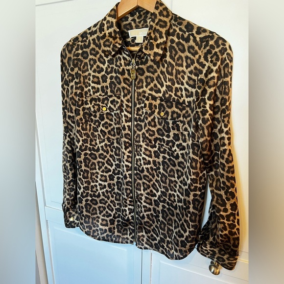 Michael Kors | Women’s | Leopard Animal Print | Top | Blouse | Zip Front | Small - Picture 2 of 7